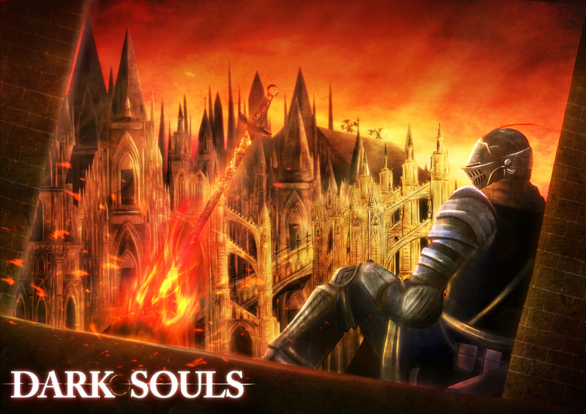 1boy absurdres armor bad_id bad_pixiv_id belfry_gargoyle bell_gargoyle castle church city cityscape dannzairosuto dark_souls_(series) dark_souls_i fire fromsoftware helmet highres in-universe_location knight_of_astora_oscar scenery sword weapon