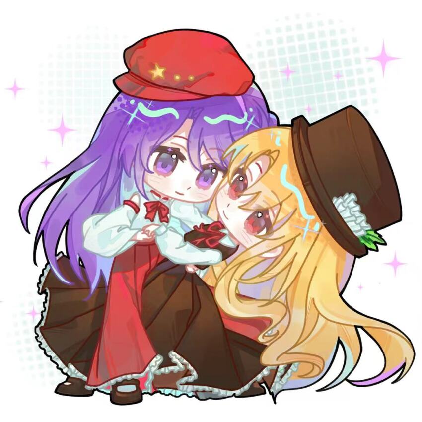 2girls blonde_hair bow bowtie brown_dress brown_hat brown_shoes chibi closed_mouth dancing dolls_in_pseudo_paradise dress frilled_dress frilled_hat frilled_skirt frills happy hat hat_ornament jacket_girl_(dipp) label_girl_(dipp) long_hair long_skirt mary_janes multiple_girls neck_ribbon newsboy_cap purple_eyes purple_hair red_bow red_bowtie red_eyes red_hat red_ribbon red_skirt ribbon shoes skirt smile star_(symbol) star_hat_ornament tango top_hat touhou very_long_hair xixingsiyuyuko