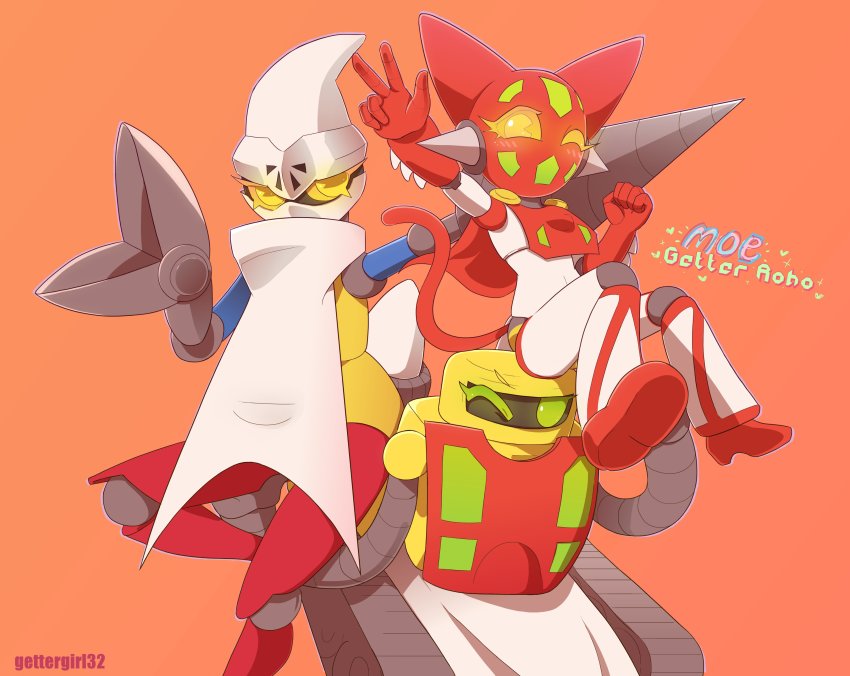 absurdres artist_name caro_(gettergirl32) clenched_hand commentary copyright_name drill english_commentary getter-1 getter-2 getter-3 getter_robo green_eyes highres looking_at_viewer mecha moe_getter_robo no_humans orange_background robot v yellow_eyes