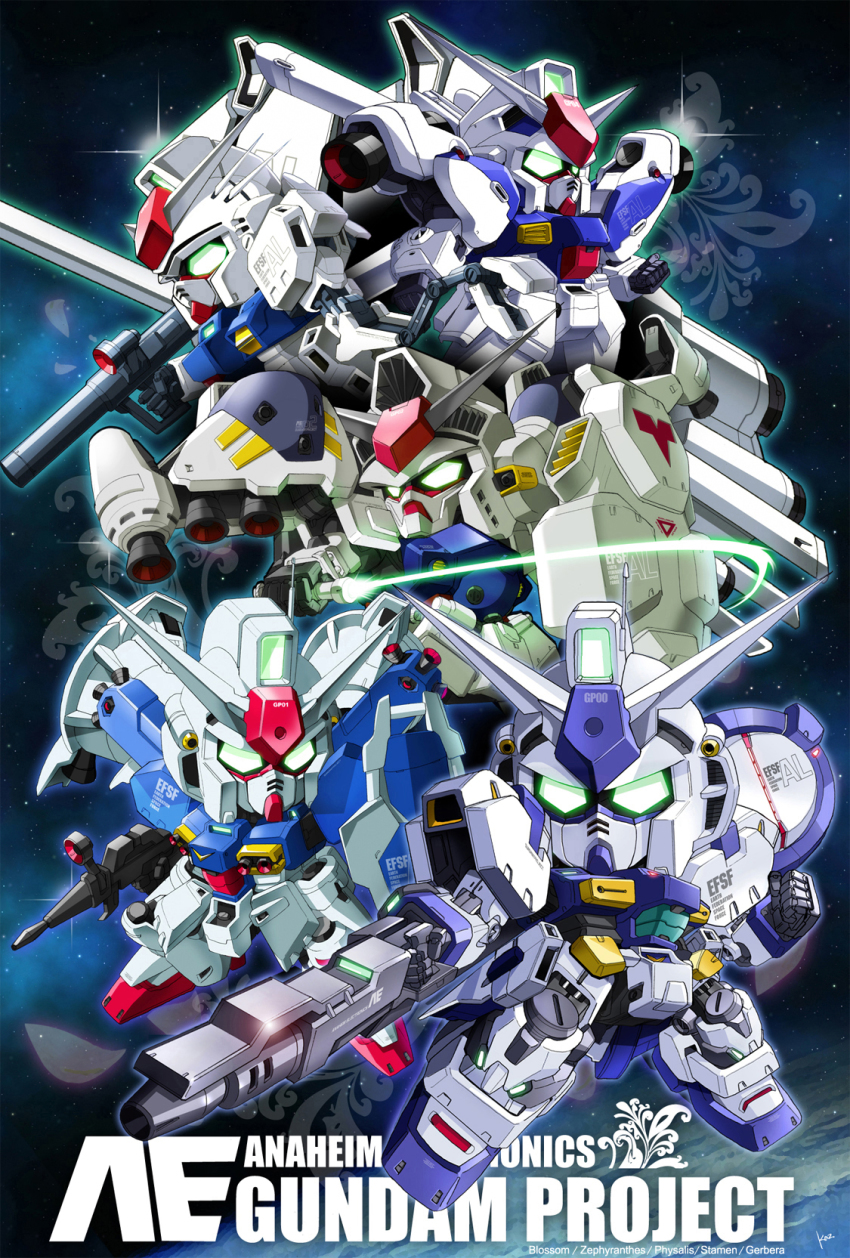 1990s_(style) beam_rifle chibi clenched_hand dendrobium_schema earth_(planet) energy_gun energy_sword english_text gun gundam gundam_0083 gundam_gp-00_blossom gundam_gp-01_full_vernian_zephyranthes gundam_gp-02_physalis gundam_gp-03_stamen gundam_gp-04_gerbera highres kaz_(kaz323) m1_bazooka mecha petals planet retro_artstyle robot rocket_launcher shield signature space sword text_focus weapon