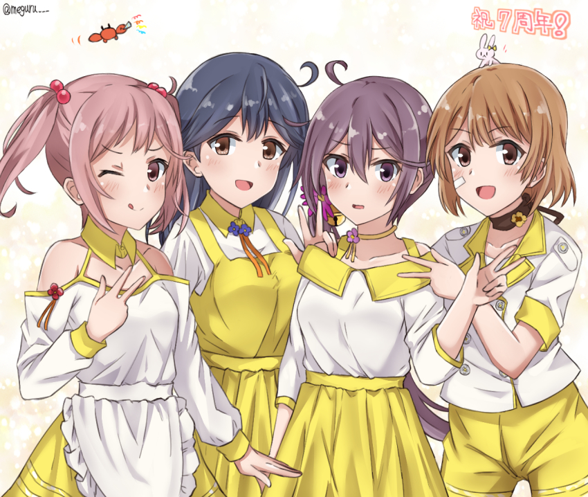 4girls ahoge akebono_(kancolle) alternate_costume anniversary apron bad_id bad_twitter_id bandaid bandaid_on_face bell blue_hair blush brown_hair crab dress flower hair_bell hair_bobbles hair_flower hair_ornament kantai_collection long_hair long_sleeves meguru_(megurunn) multiple_girls neck_ribbon oboro_(kancolle) open_mouth pink_hair purple_hair rabbit ribbon sazanami_(kancolle) short_hair short_sleeves short_twintails shorts simple_background skirt twintails twitter_username ushio_(kancolle) v white_apron yellow_shorts yellow_skirt