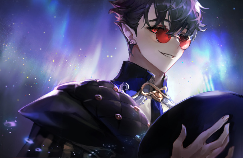 1boy alchemy_stars black_hair earrings glasses hat holding holding_unworn_clothes holding_unworn_hat jewelry kleken_(alchemy_stars) looking_at_viewer mocca_(mocca_nine) pointy_ears red-tinted_eyewear red_eyes round_eyewear short_hair smile solo tinted_eyewear unworn_hat unworn_headwear