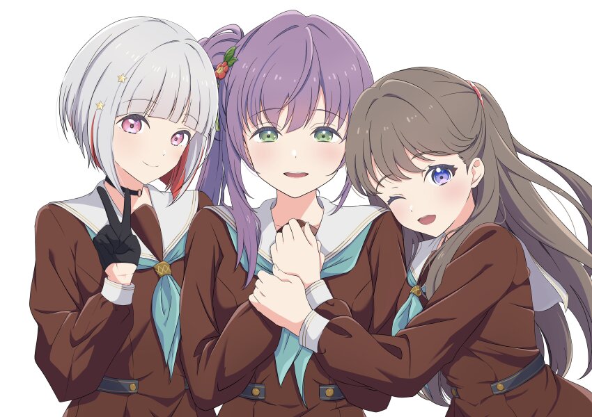 3girls 4th_live_dream_~bloom_the_dream_believers~ :d ;d absurdres aqua_neckerchief blush bob_cut brown_dress brown_hair closed_mouth commentary_request dress flower flower_stand_art fujishima_megumi green_eyes grey_hair hair_bun hair_flower hair_ornament hasu_no_sora_school_uniform highres hug inverted_bob link!_like!_love_live! long_hair long_sleeves looking_at_viewer love_live! multicolored_hair multiple_girls neckerchief one_eye_closed open_mouth otomune_kozue pink_eyes pleated_dress purple_eyes purple_hair red_flower red_hair sailor_collar sailor_dress school_uniform short_hair side_ponytail simple_background single_side_bun smile split_mouth streaked_hair tassel tassel_hair_ornament teeth two_side_up upper_teeth_only v virtual_youtuber white_background white_sailor_collar winter_uniform yugiri_tsuzuri zanpon