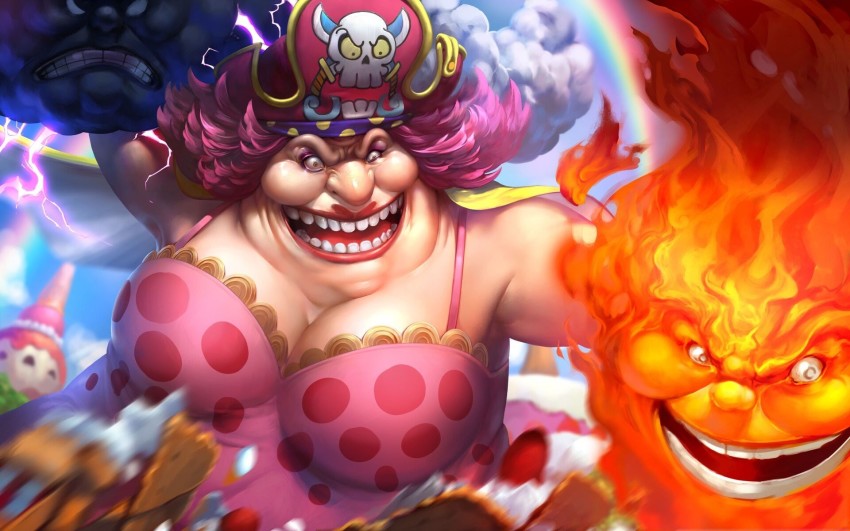 1girl bare_shoulders big_mom blank_eyes cape charlotte_linlin clenched_teeth cloud creepy dress evil_smile fiery_hair fingernails highres one_piece outstretched_arm prometheus_(one_piece) red_eyes riding sharp_fingernails sharp_teeth signature slit_pupils smile tattoo teeth weapon yellow_eyes zeus_(one_piece)