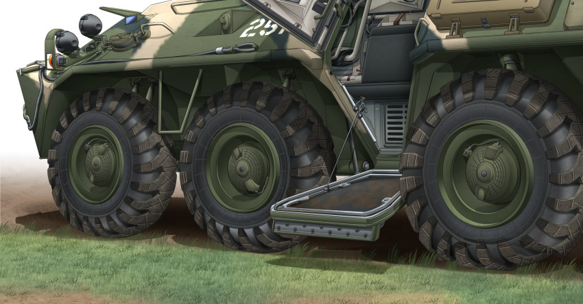 absurdres armored_personnel_carrier armored_vehicle commentary_request day grass highres mikeran_(mikelan) military_vehicle motor_vehicle no_humans original outdoors shadow vehicle_focus