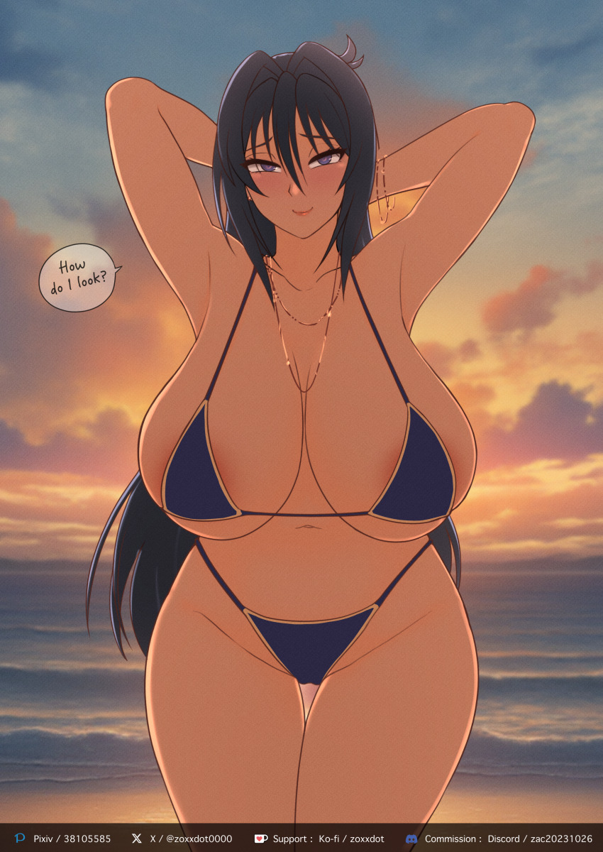 1girl absurdres beach bikini breasts feminine_(artist) highres huge_breasts long_hair maken-ki! nijou_aki ocean sunset swimsuit