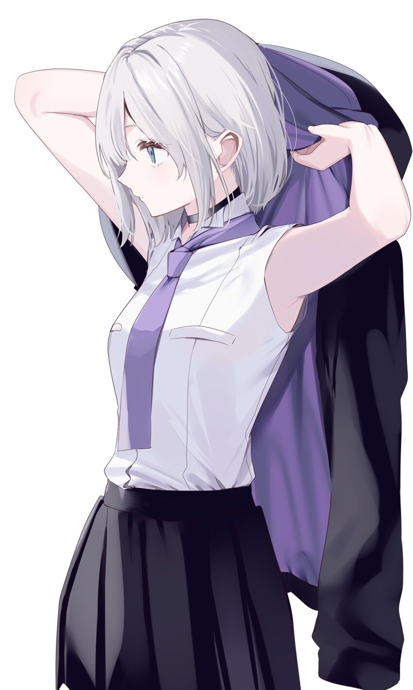 1girl black_choker black_hoodie black_skirt choker collared_shirt green_eyes grey_hair highres holding_hoodie hood hoodie jacket kaga_sumire kaga_sumire_(2nd_costume) looking_to_the_side lupinus_virtual_games misumi_(macaroni) necktie pleated_skirt purple_hoodie purple_necktie shirt short_hair skirt sleeveless sleeveless_shirt solo two-sided_fabric two-sided_jacket unworn_jacket virtual_youtuber vspo! white_shirt
