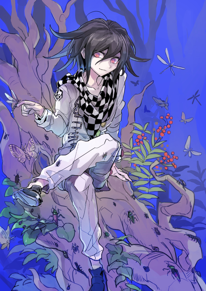 1boy animal animal_on_hand arm_support beetle bug centipede closed_mouth collarbone crossed_legs danganronpa_(series) danganronpa_v3:_killing_harmony dragonfly hair_between_eyes highres insect kumakoro_(tetsupag) looking_at_viewer male_focus moth night oma_kokichi outdoors red_eyes short_hair sitting solo