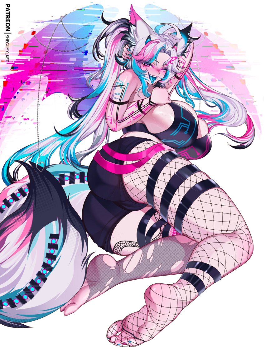 1girl ahoge animal_ears artist_name ass asymmetrical_legwear bad_tag bare_shoulders black_hair blue_hair blush body_markings breasts cameltoe colored_tongue commission fangs feet fishnets heart-shaped_piercing highres indie_virtual_youtuber large_breasts long_hair looking_at_viewer lying mismatched_legwear multicolored_hair multicolored_nails nail_polish on_side one_eye_closed piercing pink_eyes pink_hair ravenna_nya seductive_smile shorts sideboob sitting smile soles solo tail thigh_strap thighs toenail_polish toenails toes tongue tongue_out tongue_piercing torn_clothes virtual_youtuber white_background white_hair