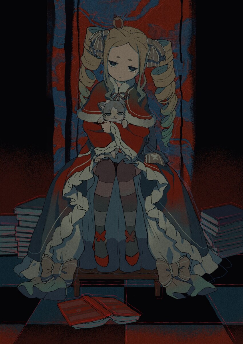 1girl beatrice_(re:zero) blonde_hair book capelet chair child crown crying dress drill_hair duplicate frills fur-trimmed_capelet fur_trim hair_ribbon half-closed_eyes highres holding iwamushi long_sleeves mini_crown neck_ribbon pantyhose parted_lips puck_(re:zero) re:zero_kara_hajimeru_isekai_seikatsu red_capelet red_dress red_footwear ribbon shoes short_eyebrows sidelocks sitting sitting_on_throne striped_clothes striped_pantyhose tears throne twin_drills twintails wide_sleeves