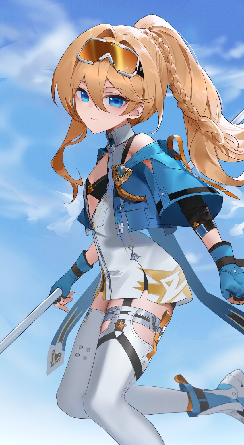 1girl absurdres baiser3rd black_bra black_shorts blonde_hair blue_eyes blue_sky bra braid breasts closed_mouth commentary dress durandal_(honkai_impact) durandal_(reign_solaris)_(honkai_impact) fingerless_gloves foot_out_of_frame foot_up gloves goggles green_gloves green_jacket hair_between_eyes hashtag-only_commentary high_ponytail highres holding holding_polearm holding_weapon honkai_(series) honkai_impact_3rd jacket long_hair orange-tinted_eyewear polearm ponytail shorts shorts_under_dress sky small_breasts smile solo thighhighs tinted_eyewear underwear weapon white_dress white_thighhighs