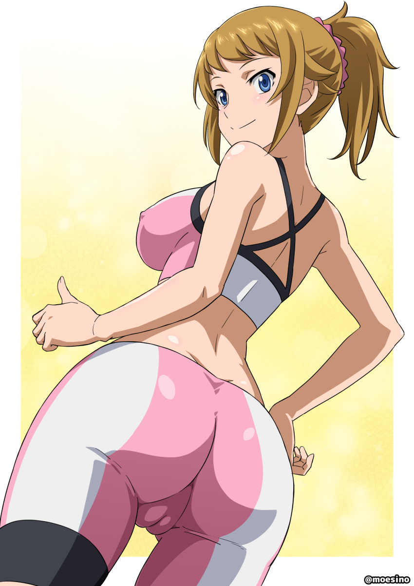 1girl ass back bare_shoulders bike_shorts blue_eyes border breasts brown_hair butt_crack cameltoe closed_mouth commentary_request covered_erect_nipples cowboy_shot from_behind from_below gundam gundam_build_fighters gundam_build_fighters_try hand_on_own_hip highres hoshino_fumina large_breasts looking_at_viewer medium_hair midriff moeshino pink_shorts pink_sports_bra ponytail scrunchie shorts sidelocks smile solo sports_bra standing thumbs_up twitter_username two-tone_sports_bra white_border white_shorts white_sports_bra yellow_background