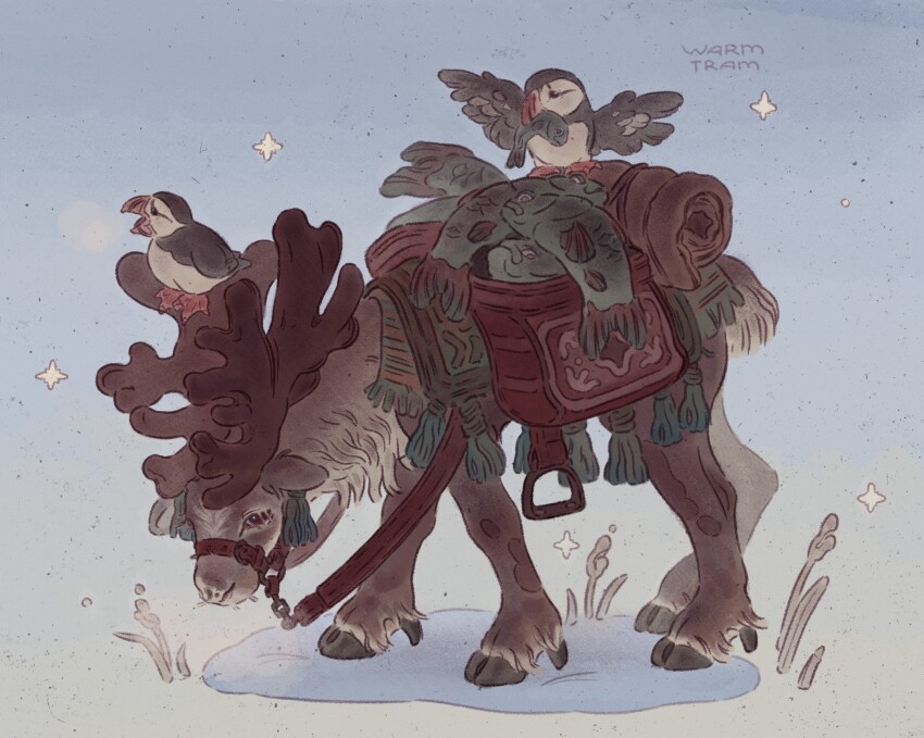 animal animal_focus antlers bird blanket elk fish full_body grass highres horns no_humans original plant puffin reins saddle saddlebags simple_background snow sparkle standing