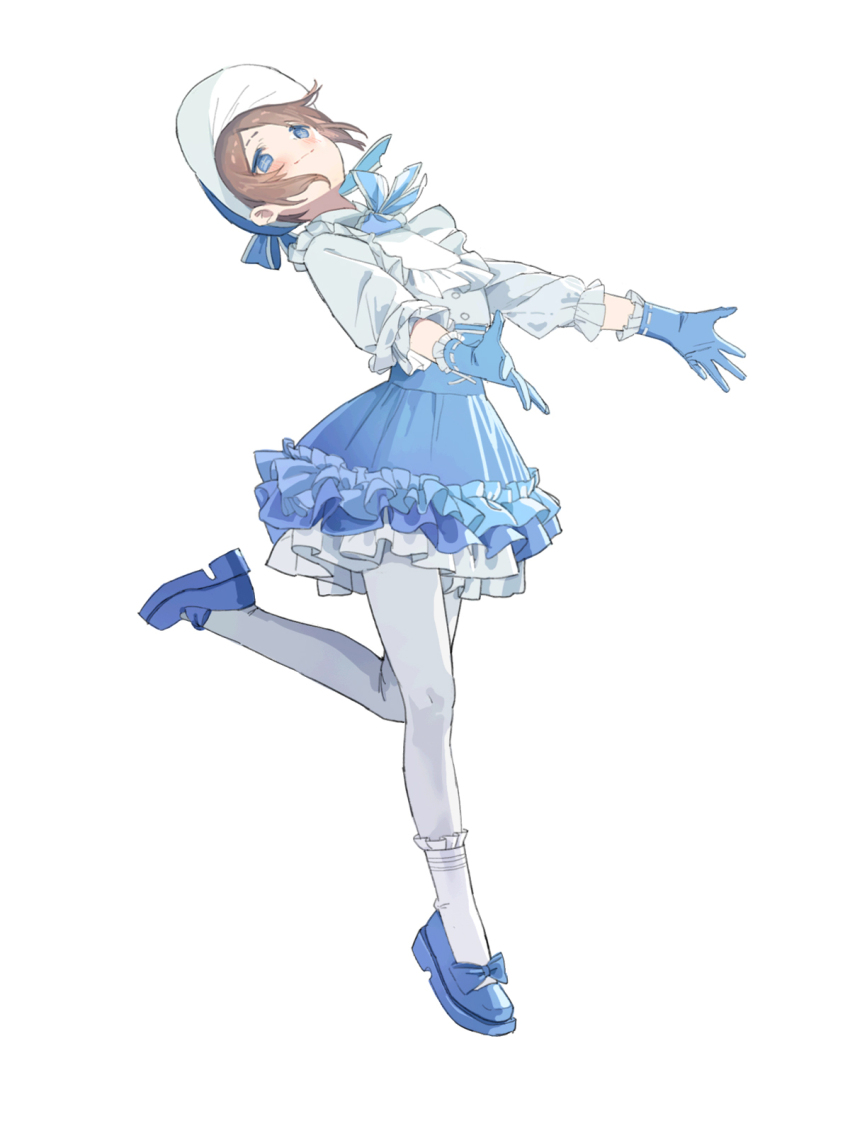 1girl blue_bow blue_bowtie blue_eyes blue_gloves blue_shoes blush bonnet bow bowtie brown_hair closed_mouth commentary_request cross-shaped_pupils dress emma_woods emma_woods_(boudoir_dream) footwear_bow frilled_dress frilled_gloves frilled_sleeves frilled_socks frills full_body gloves grey_pantyhose hat hat_ribbon highres identity_v layered_dress leg_up looking_up outstretched_arms pantyhose parted_bangs ribbon shoes simple_background single_sock socks solo symbol-shaped_pupils tang_sanjiao two-tone_dress white_background white_socks