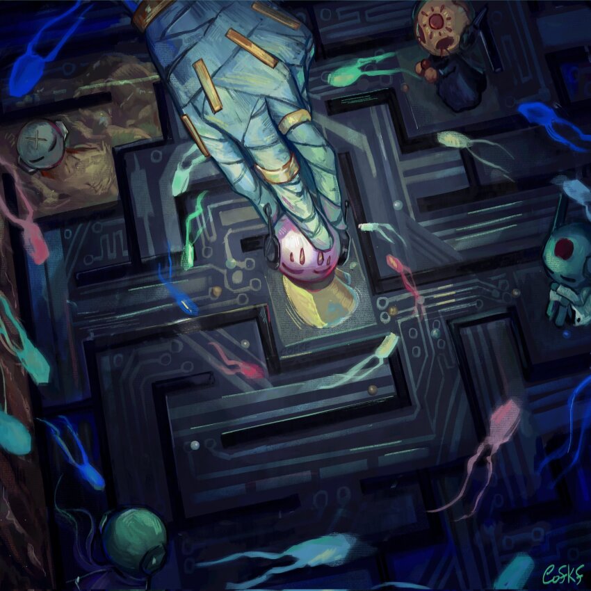 bandaged_hand bandages blue_skin closed_eyes cofkf colored_skin five_pebbles from_above headphones highres humanoid_robot iterator_(rain_world) looks_to_the_moon maze no_significant_harassment rain_world robot seven_red_suns sitting size_difference sliver_of_straw standing