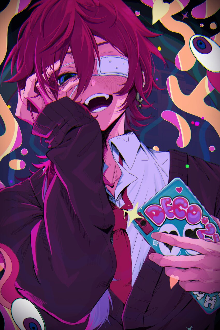 1boy absurdres black_cardigan blue_eyes blush cardigan cellphone collared_shirt eyepatch hair_between_eyes hashtag-only_commentary highres holding holding_phone lauren_iroas long_sleeves looking_at_viewer male_focus medical_eyepatch monitoring_(vocaloid) necktie nijisanji open_cardigan open_clothes open_mouth phone red_necktie shirt sleeves_past_wrists smartphone solo upper_body virtual_youtuber white_shirt wogyu