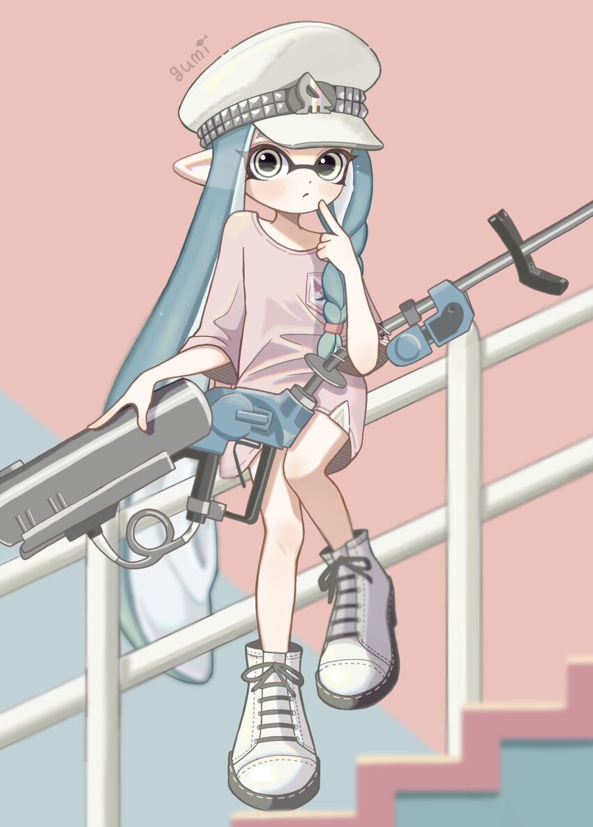 1girl blue_background blue_hair blush closed_mouth commentary cross-laced_footwear e-liter_4k_(splatoon) full_body hat highres inkling inkling_girl inkling_player_character long_hair looking_at_viewer nintendo on_railing osakanagumi11 peaked_cap pink_background pink_shirt pointy_ears railing shirt shoes simple_background sitting solo splatoon_(series) splatoon_3 tentacle_hair two-tone_background very_long_hair white_hat white_shoes