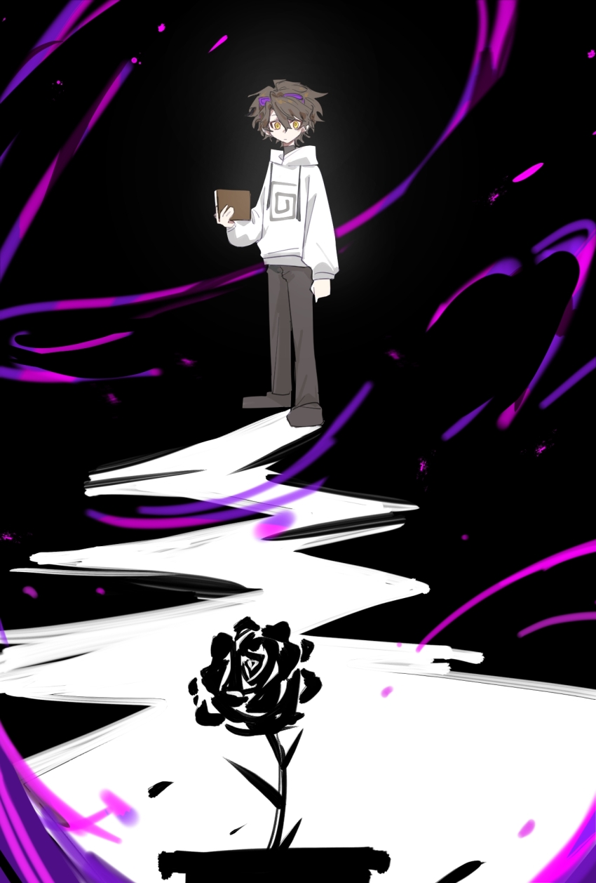 1boy asouhyn book brown_hair chinese_commentary commentary_request dream_smp flower full_body goggles goggles_on_head highres holding holding_book hood hood_down hoodie karl_jacobs looking_at_viewer male_focus minecraft_youtube official_alternate_costume pants short_hair solo standing tales_from_the_smp white_hoodie yellow_eyes