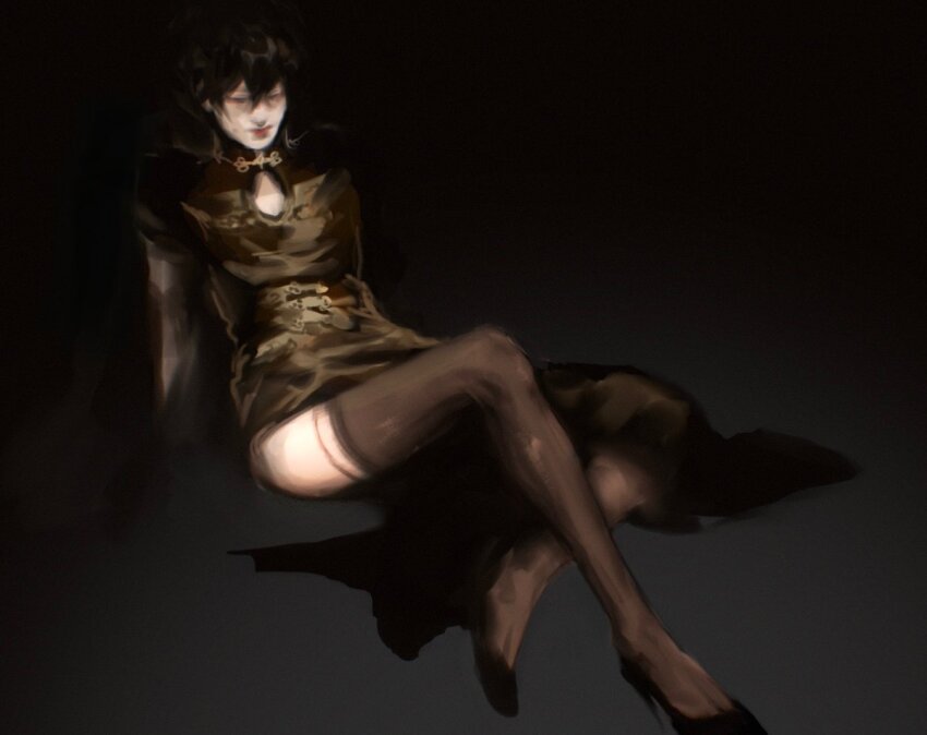1girl black_dress black_eyes black_hair cleavage_cutout clothing_cutout double-parted_bangs dress full_body hair_between_eyes jewelry kim_dokja leaning_back lipstick looking_at_viewer macaronijail makeup necklace omniscient_reader&#039;s_viewpoint on_ground short_dress short_hair sitting smile solo thighhighs zettai_ryouiki