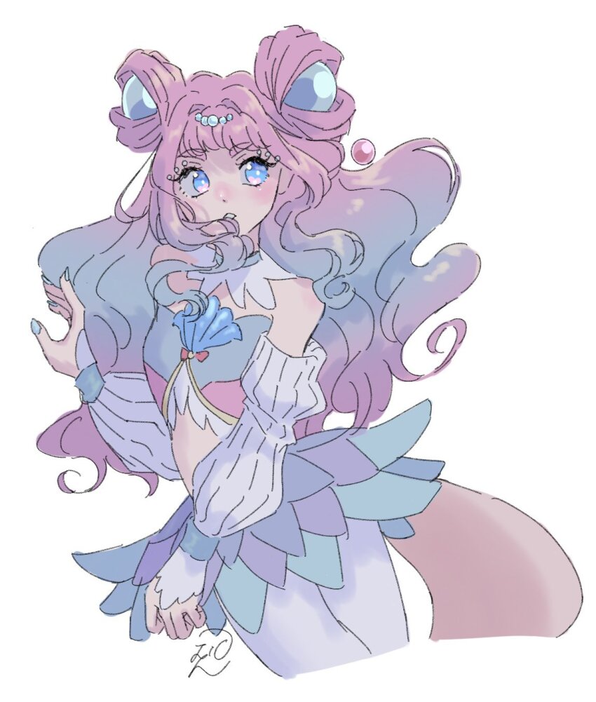 1girl blue_hair blue_nails blush cure_la_mer eyelash_ornament gradient_hair hantwichahan highres laura_la_mer layered_skirt leggings long_hair magical_girl midriff multicolored_hair nail_polish pearl_hair_ornament pink_hair precure short_bangs skirt solo symbol_in_eye thick_eyelashes tropical-rouge!_precure white_background white_leggings