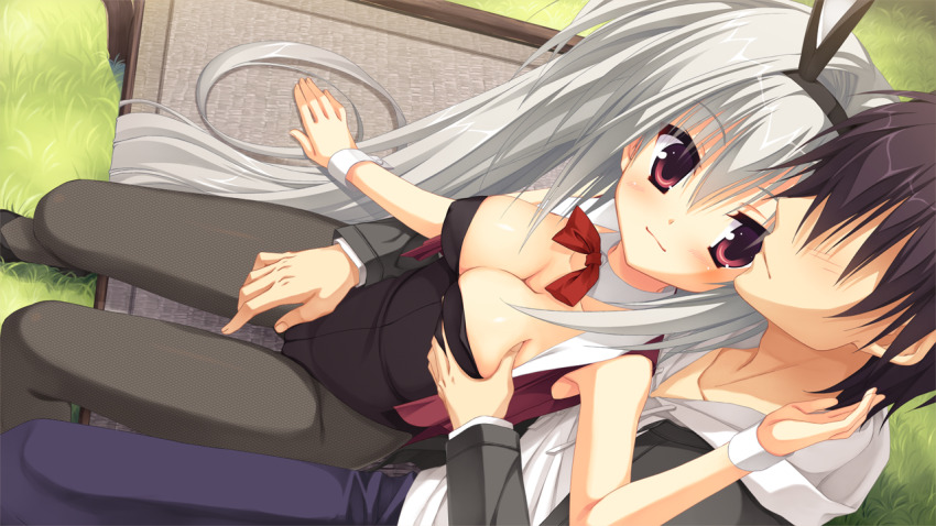 1boy 1girl :3 animal_ears black_hair black_hairband black_leotard black_pantyhose bow bowtie breasts cleavage closed_mouth collarbone couple day detached_collar dracu-riot! elena_olegovna_owen fake_animal_ears from_above game_cg grabbing_another&#039;s_breast grabbing_from_behind grey_hair groping hair_between_eyes hairband hetero hood hood_down hooded_sweater leotard long_hair looking_at_another looking_up medium_breasts muririn mutsura_yuuto official_art open_clothes open_vest outdoors pants pantyhose playboy_bunny purple_pants rabbit_ears red_bow red_bowtie red_eyes red_vest short_hair sitting sitting_on_lap sitting_on_person smile sweater thigh_gap very_long_hair vest white_sweater wing_collar wrist_cuffs