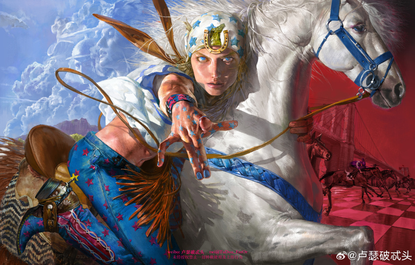 absurdres bad_link blonde_hair blue_eyes blue_pants blue_sky boots bridge checkered_floor cloud cowboy_boots face_cloud floating_hair gyro_zeppeli highres horseback_riding hot_pants_(sbr) johnny_joestar jojo_no_kimyou_na_bouken looking_at_viewer mountain_tim pants pointing pointing_at_viewer riding saddle sky slow_dancer_(jojo) star_(symbol) steel_ball_run tudou_estor white_horse