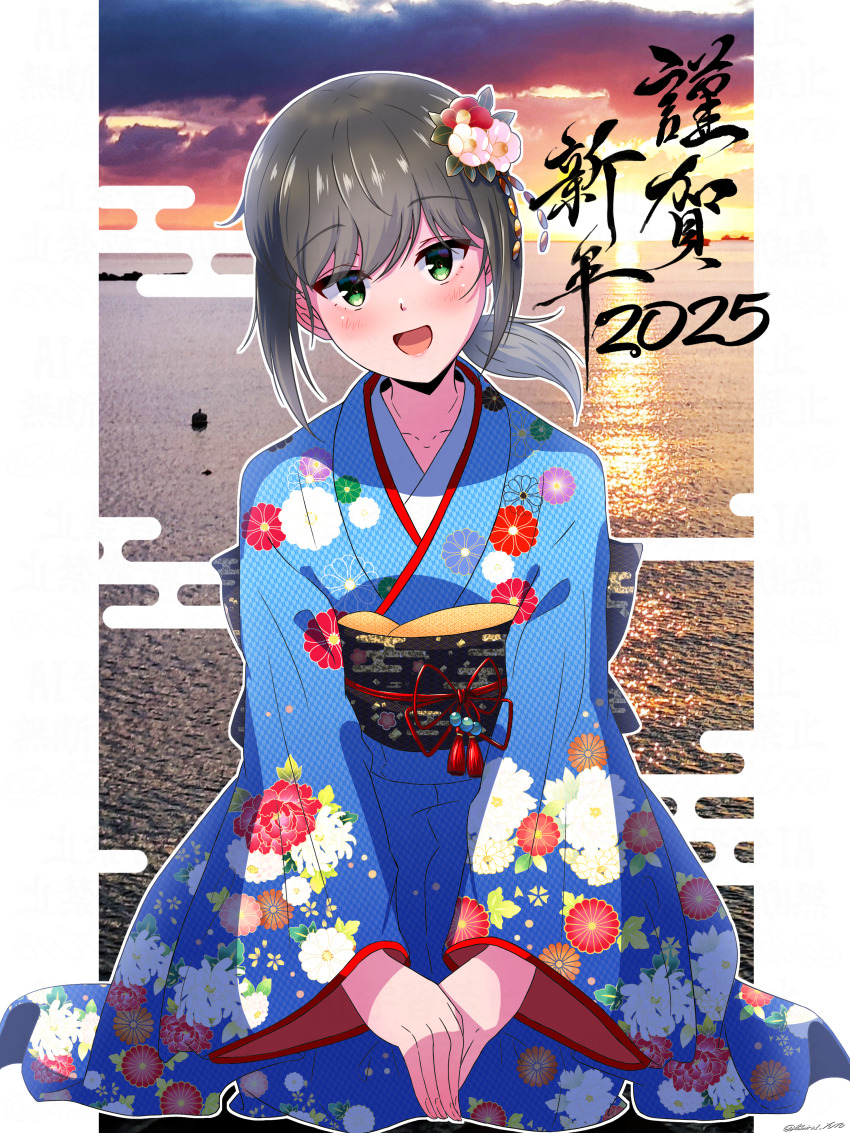 1girl 2025 :d absurdres alternate_costume blue_kimono blush brown_hair cloud collarbone commentary_request egasumi floral_print floral_print_kimono flower fubuki_(kancolle) full_body green_eyes hair_between_eyes hair_flower hair_ornament head_tilt highres japanese_clothes kantai_collection kimono long_hair looking_at_viewer low_ponytail new_year obi ocean open_mouth photo_background pink_flower ponytail print_kimono red_flower sash seiza sidelocks sitting smile solo sunrise translation_request v_arms water yoko_hata