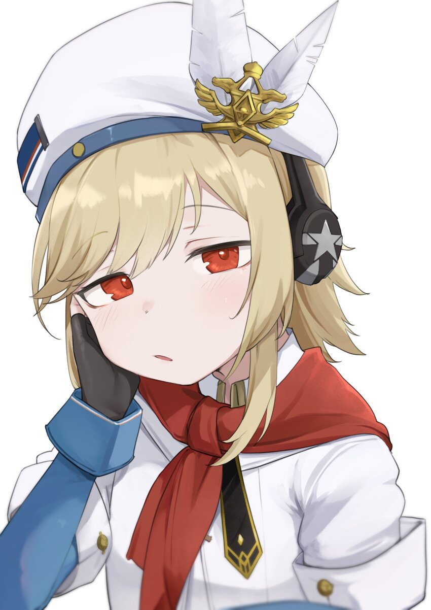 1girl absurdres beret black_gloves blonde_hair blush commentary daebom english_commentary fingerless_gloves girls&#039;_frontline girls&#039;_frontline_2:_exilium gloves hand_on_own_face hat headphones highres jacket looking_at_viewer medium_hair nagant_(girls&#039;_frontline_2) nagant_revolver_(girls&#039;_frontline) open_mouth red_eyes red_scarf scarf simple_background solo white_background white_hat white_jacket