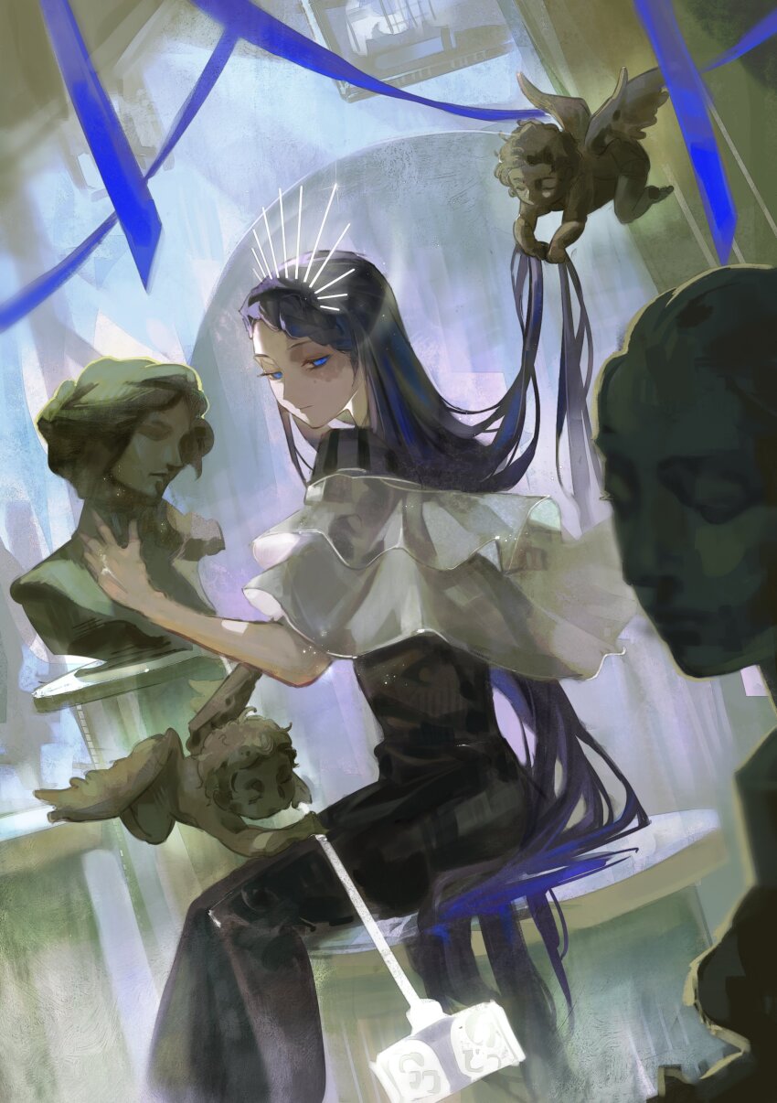 1girl absurdres ado_(utaite) black_dress blue_eyes blue_hair braid braided_bangs bust_(sculpture) closed_mouth commentary dress english_commentary gira-gira-chan_(ado) gira_gira guii1210 highres long_hair sitting solo statue very_long_hair