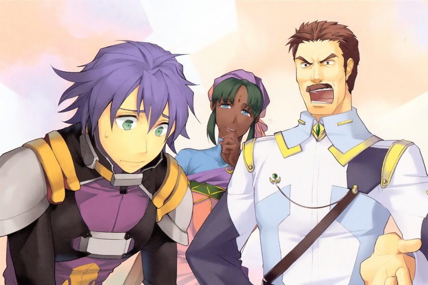 1girl 2boys arado_balanga banpresto bindi blue_eyes brown_eyes brown_hair dark_skin facial_hair green_eyes green_hair highres indian kai_kitamura multiple_boys mustache purple_hair radha_bairaban super_robot_wars super_robot_wars_original_generation yuikawa_kazuno