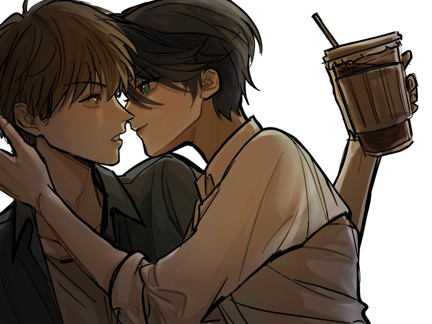 1boy 1girl androgynous black_hair blue_eyes blue_shirt brown_eyes brown_hair commentary_request cup disposable_cup drinking_straw gekkan_shoujo_nozaki-kun hetero highres holding holding_cup hori_masayuki imminent_kiss kashima_yuu mooooooooooo reverse_trap shirt short_hair smile white_shirt