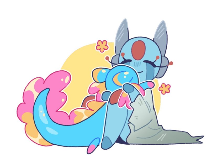 1girl androgynous axolotl_ears axolotl_tail barefoot blue_fur blue_skin circle_facial_mark colored_skin creature facial_mark flower_symbol forehead_mark happy holding holding_creature hug humanoid_robot iterator_(rain_world) joints long_eyelashes looks_to_the_moon monster no_nose pink_fur rain_world rivulet_(rain_world) robe robot robot_ears robot_girl robot_joints sitting skittyplush slugcat torn_clothes torn_robe white_background white_robe yellow_background yellow_fur