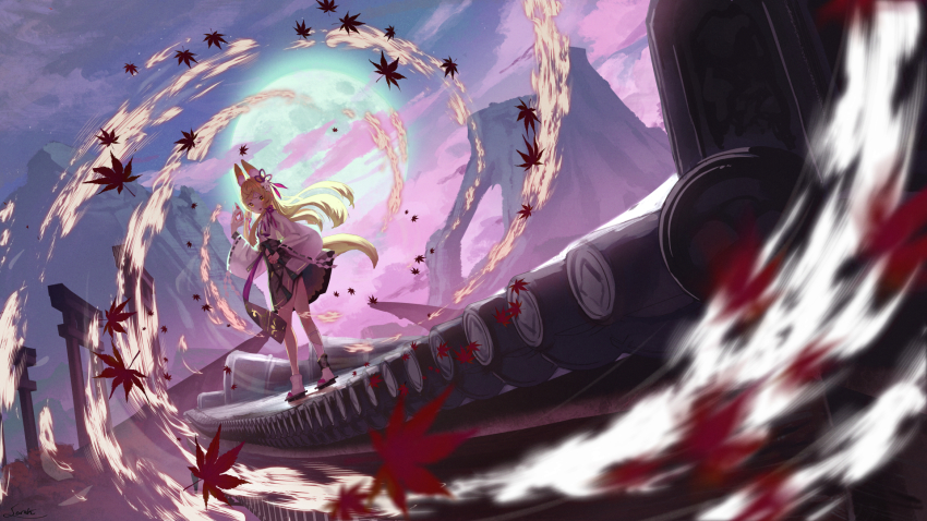 1girl :d animal_ear_fluff animal_ears autumn_leaves black_sandals blonde_hair blush brown_hakama cloud commentary_request fox_ears fox_girl fox_mask fox_tail full_moon hakama hakama_short_skirt hakama_skirt hand_on_own_hip hand_up highres holding holding_mask japanese_clothes kimono leaf long_hair long_sleeves looking_at_viewer looking_back maple_leaf mask moon night night_sky open_mouth original outdoors sandals saraki skirt sky smile socks solo tabi tail unworn_mask very_long_hair white_kimono white_socks wide_sleeves zouri