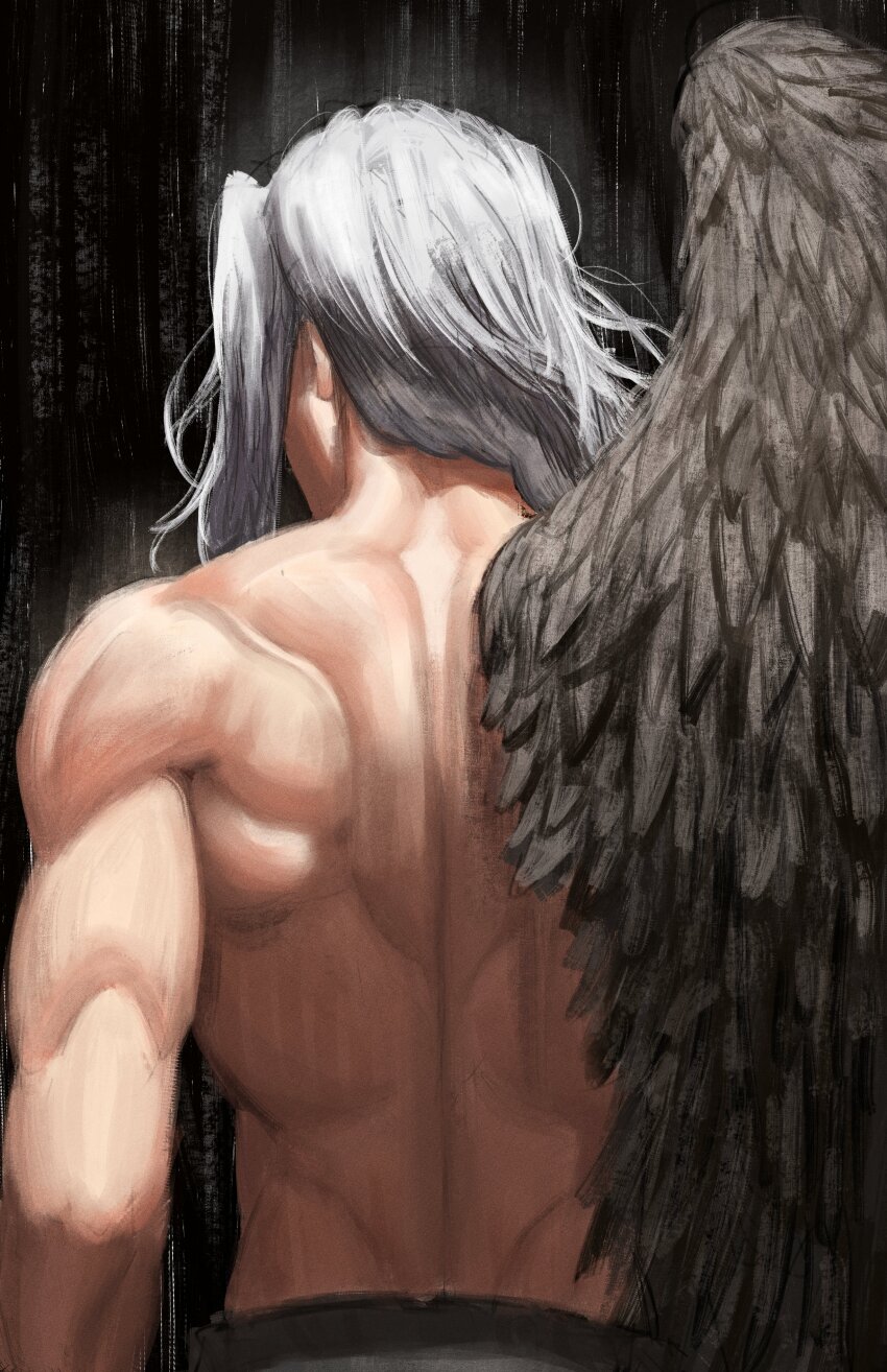 1boy absurdres back back_muscles black_background black_feathers black_wings commentary english_commentary feathers final_fantasy final_fantasy_vii from_behind grey_hair highres long_hair male_focus pants sephiroth single_wing standing titann toned toned_male topless_male wings