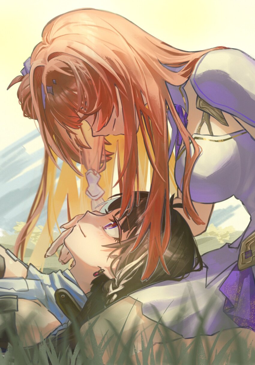 2girls breasts brown_hair closed_mouth dress duoyun_de_tiankong earrings grass highres honkai_(series) honkai_impact_3rd jewelry large_breasts leylah_(honkai_impact) long_hair looking_at_another lying lying_on_lap multiple_girls on_back orange_hair outdoors pink_eyes seiza senadina senadina_(cocoon_of_unwoven) sideboob sitting smile white_dress yuri