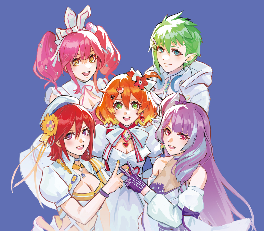 5girls absurdres beret blonde_hair blue_background blue_hair bow bracelet breasts cleavage colored_tips commentary dress flower freyja_wion gloves green_eyes hair_bow hair_bun hair_flower hair_ornament halter_dress halterneck hat headphones headphones_around_neck heart heart-shaped_hair highres idol jacket jewelry kaname_buccaneer looking_at_viewer macross macross_delta makina_nakajima medium_breasts medium_hair mikumo_guynemer multicolored_hair multiple_girls nekkikamille open_mouth pink_hair pointy_ears purple_background purple_dress purple_gloves purple_hair red_eyes red_flower red_hair reina_prowler shirt short_hair simple_background single_hair_bun small_breasts smile straight-on streaked_hair symbol-only_commentary twintails v walkure_(macross_delta) white_bow white_dress white_jacket white_shirt