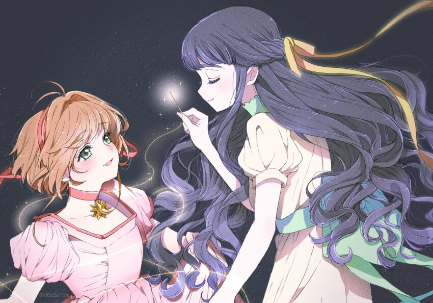 2girls bad_id bad_twitter_id black_hair blush brown_hair cardcaptor_sakura choker closed_eyes daidouji_tomoyo dress green_eyes green_ribbon hair_ribbon holding holding_needle kinomoto_sakura light_particles long_hair long_ribbon looking_at_another multiple_girls needle parted_lips pink_dress red_ribbon ribbon rii2a77ru short_hair short_sleeves skirt_hold smile star_(symbol) star_choker thread yellow_dress yellow_ribbon