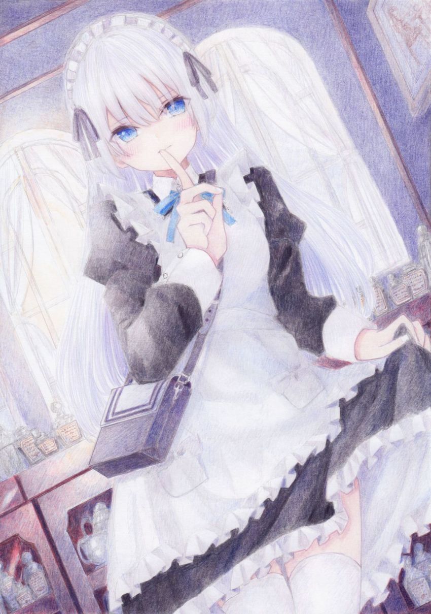 1girl bag blush closed_mouth clothes_lift colored_pencil_(medium) curtsey darkkanan dress dress_lift eyes_visible_through_hair hair_between_eyes highres indoors long_hair looking_at_viewer maid maid_headdress original painting_(medium) pinafore_dress shoulder_bag sidelocks skirt_hold sleeveless sleeveless_dress solo thighhighs thighs traditional_media watercolor_(medium) white_hair white_thighhighs