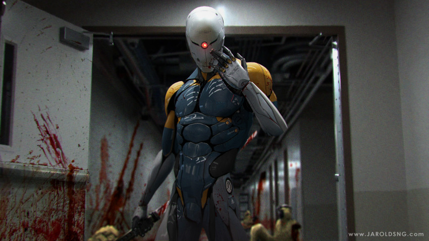 3boys absurdres blood blood_splatter blurry blurry_background bodysuit commentary corpse cyborg cyborg_ninja damaged english_commentary faceplate fake_screenshot gloves glowing glowing_eye guard hallway highres jarold_sng katana machinery metal_gear_(series) metal_gear_solid military military_uniform multiple_boys ninja one-eyed realistic red_eyes sensor signature silk soldier spider_web sword tube visor weapon