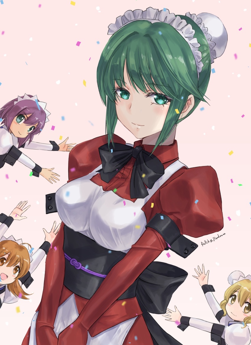 4girls ahoge apron black_bow blush bow breasts brown_hair bun_cover collared_dress confetti dress ebisu_minagi green_eyes hair_behind_ear hair_bun highres impossible_clothes jun_(rellik_&amp;_redrum) kamiyo_tatsumi maid maid_apron maid_headdress medium_breasts multiple_girls muv-luv obi open_hands purple_hair red_dress sash short_hair single_hair_bun smile solo_focus tomoe_yukino tsukuyomi_mana white_apron