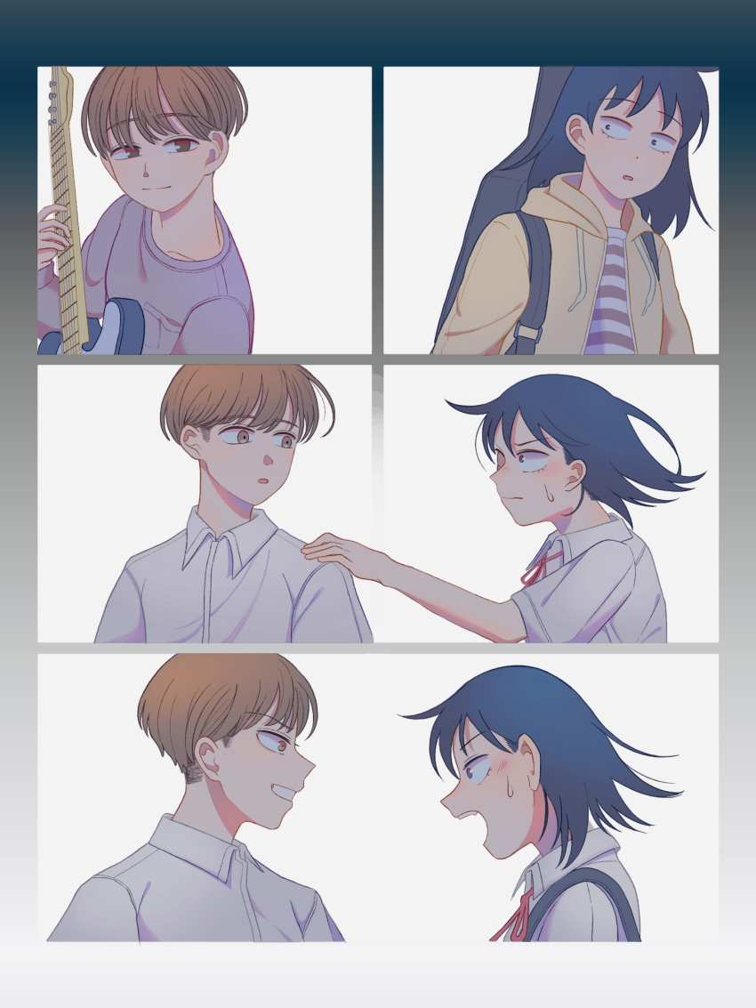 1boy 1girl blue_eyes blue_hair border bowl_cut brown_eyes brown_hair collared_shirt fading_border futsuu_no_keion-bu grabbing_another&#039;s_shoulder guitar_case guitar_strap hatono_chihiro highres hood hoodie instrument instrument_case jacket medium_hair music open_clothes open_jacket playing_guitar playing_instrument red_ribbon ribbon school_uniform shirt short_hair shoulder_grab singing sitesitei smirk striped_clothes striped_shirt sweatdrop takami_kouki white_background white_shirt yellow_hoodie