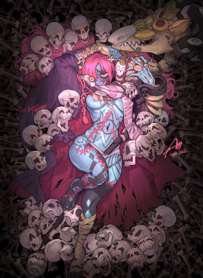 animal_skull bandaged_leg bandages barefoot blue_skin bone bow bow_panties breasts closed_mouth coat code_of_princess colored_skin cuffs curvy exposed_muscle expressive_object feet from_above furrowed_brow hair_ornament hair_over_one_eye highres lady_zozo large_breasts long_hair lying mage_staff mamorunokoto object_in_clothes object_in_panties on_back open_clothes open_coat panties pink_hair pink_panties pink_scarf purple_coat ram_skull scar scarf shackles short_eyebrows skull skull_hair_ornament skull_staff staff stitched_face stitches tassel tattoo torn_clothes torn_coat twintails underwear withered yellow_eyes zombie
