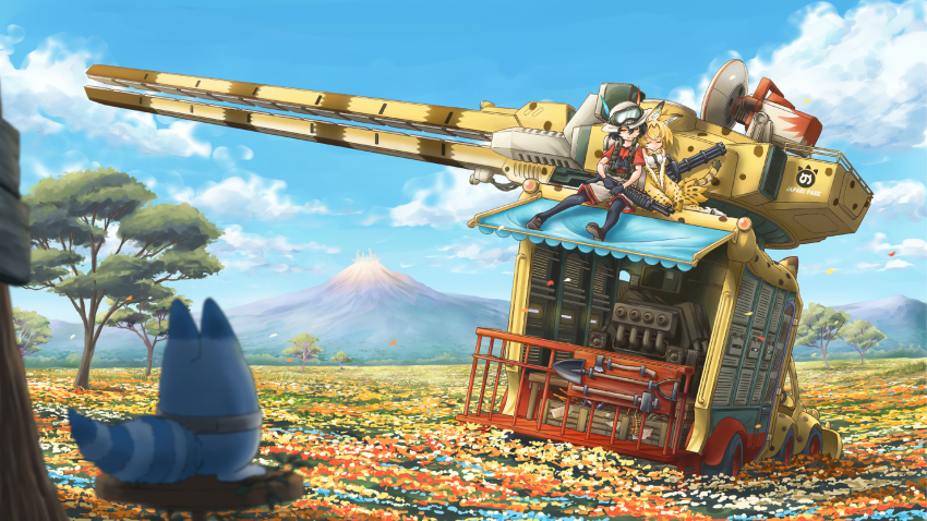 10s 2girls ammunition_belt animal_ears animal_print axe bandolier beige_shorts belt between_breasts black_footwear black_gloves black_hair black_legwear blonde_hair blurry bow bowtie breasts bucket_hat closed_eyes closed_mouth cloud commentary_request crate day depth_of_field elbow_gloves english_text field flower flower_field gatling_gun gloves goggles grass gun hair_between_eyes hammer hat hat_feather high-waist_skirt highres japari_bus japari_symbol kaban_(kemono_friends) kemono_friends lucky_beast_(kemono_friends) machine_gun magnetic_weapon making-of_available medium_breasts medium_machine_gun metal_max minigun multiple-barrel_gun multiple_girls naka_(nicovideo14185763) on_roof outdoors own_hands_together pantyhose petals railgun red_shirt revision rotary_machine_gun sandstar serval_(kemono_friends) serval_tail shirt shoes short_sleeves shotgun shotgun_shell shovel sitting skirt sky sledgehammer sleeping sleeveless sleeveless_shirt smile stool striped_tail tail tree v_arms volcano weapon white_shirt worktool