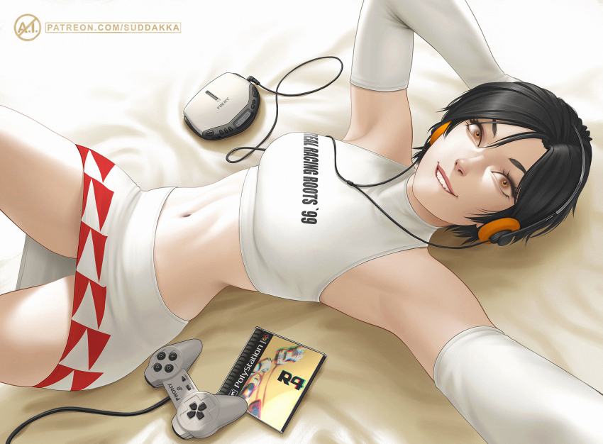 1girl bed_sheet black_hair cd_case cd_player cd_walkman clothes_writing commentary crop_top elbow_gloves english_commentary english_text gloves headphones highres lying midriff nagase_reiko on_back patreon_username pinup_(style) playstation_controller playstation_logo r4:_ridge_racer_type_4 race_queen ridge_racer short_hair skirt sleeveless solo suddakka video_game_cover_(object) white_gloves white_skirt