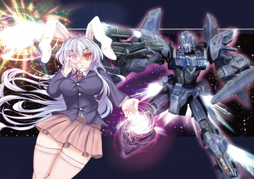 1girl animal_ears beam_rifle blazer blush breasts delta_plus energy_gun female_focus gun gundam gundam_unicorn jacket laser long_hair mecha necktie photo_background pink_thighhighs purple_hair rabbit_ears red_eyes reisen_udongein_inaba robot shield skirt thighhighs touhou very_long_hair weapon