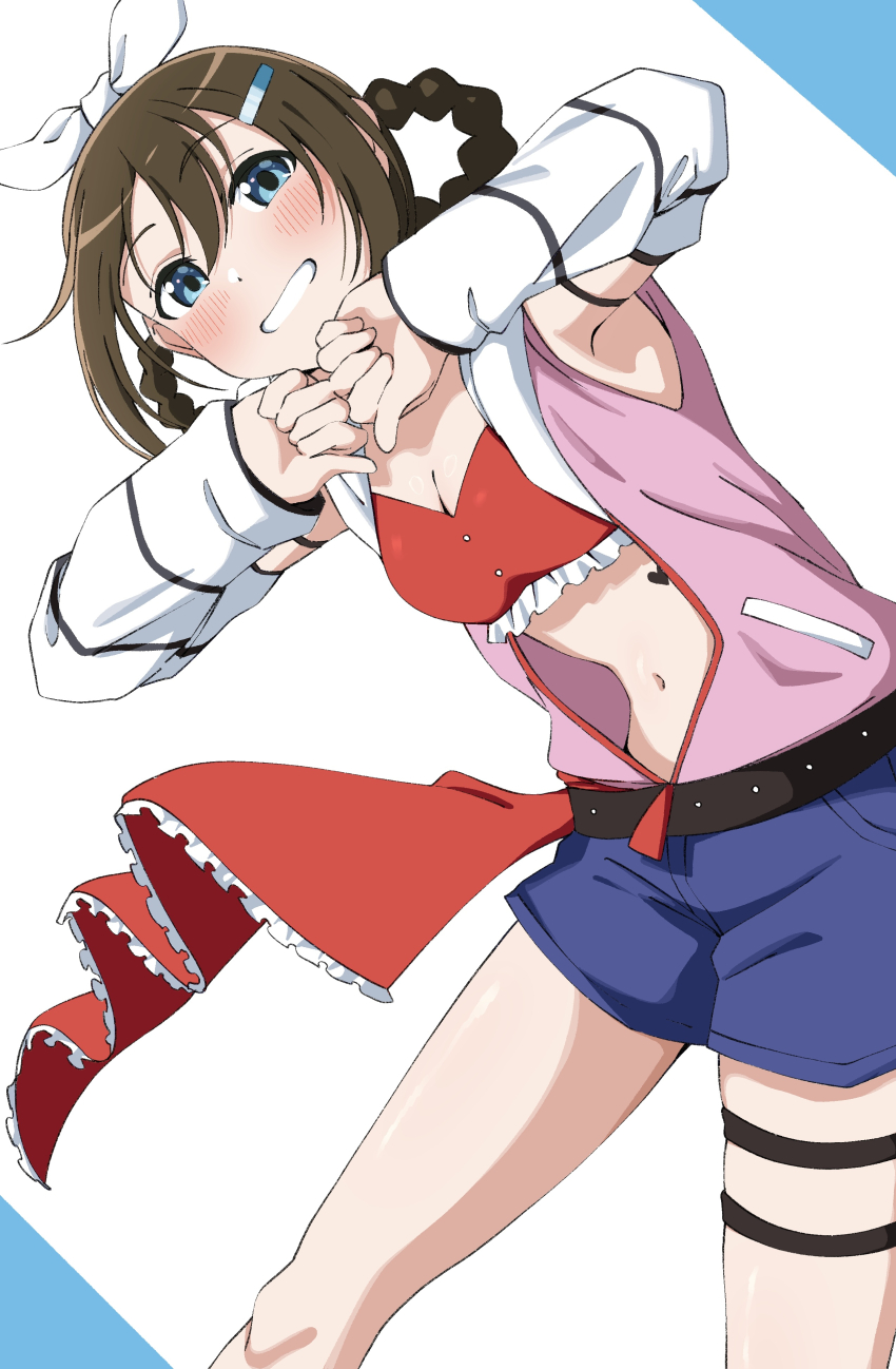 1girl absurdres armpits bikini blue_eyes blue_shorts bow braid braided_hair_rings breasts brown_hair cleavage commentary double-parted_bangs feet_out_of_frame grin hair_between_eyes hair_bow hair_ornament hair_rings hairpin highres jacket leaning_forward looking_at_viewer love_live! love_live!_nijigasaki_high_school_idol_club love_live!_nijigasaki_high_school_idol_club_the_movie_-_finale medium_breasts medium_hair multiple_thigh_straps navel open_clothes open_jacket osaka_shizuku pink_jacket red_bikini rise_up_high!_(love_live!) short_shorts shorts simple_background sleeveless sleeveless_jacket sleeves_past_wrists smile solo stomach swimsuit uchuu_no_mozuku white_arm_warmers white_background white_bow