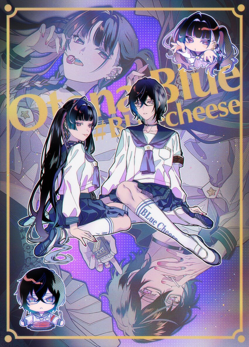 2girls :p absurdres ahoge armband arms_up barbell_piercing black-framed_eyewear black_choker black_hair blue_sailor_collar blue_skirt blunt_bangs braid breast_pocket candy chibi choker cigarette_pack closed_mouth collarbone commentary cropped_shirt crossed_bangs ear_piercing earrings eyelashes fingernails food fork genderswap genderswap_(mtf) glasses hair_between_eyes hair_intakes hands_up highres holding holding_candy holding_cigarette_pack holding_food holding_fork holding_lollipop industrial_piercing jewelry kaburagi_(pnoir087) kneehighs lollipop long_hair long_sleeves looking_at_viewer looking_to_the_side lying meat meloco_kyoran multicolored_hair multiple_girls nail_polish neckerchief nijisanji nijisanji_en o-ring o-ring_choker on_back open_mouth parted_lips piercing pink_nails plate pleated_skirt pocket purple_background purple_eyes purple_hair purple_neckerchief sailor_collar school_uniform seila_(shikinagi_akira) serafuku shikinagi_akira shirt shoes short_hair side_braids sitting skirt smile socks star_(symbol) steak streaked_hair symbol-only_commentary table_knife teeth tongue tongue_out twin_braids twintails uwabaki very_long_hair virtual_youtuber white_shirt white_shoes white_socks