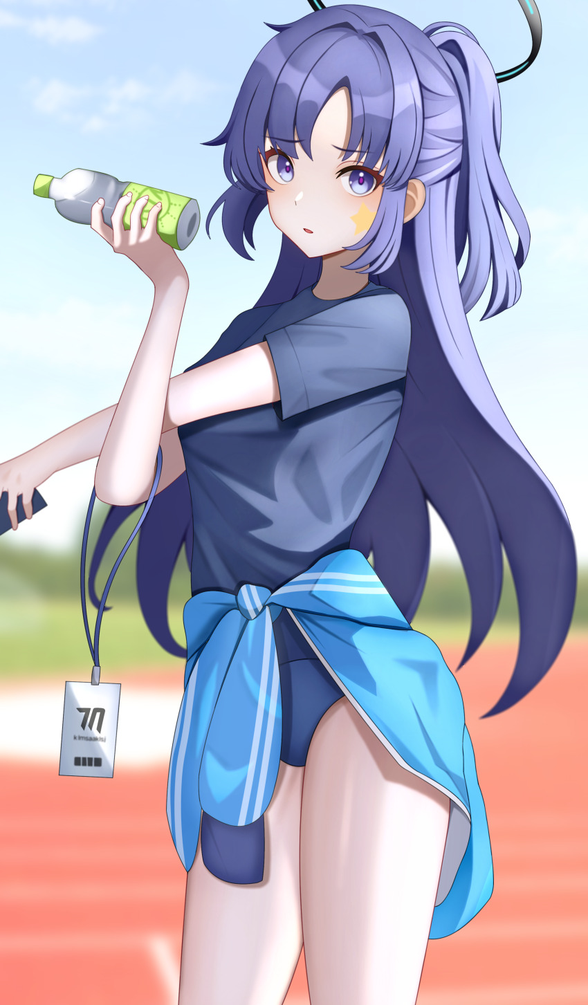 1girl absurdres black_shirt blue_archive blue_buruma blue_eyes blue_jacket blush breasts buruma commentary gym_uniform halo highres jacket kenomotsu_yukuwa long_hair looking_at_viewer mechanical_halo official_alternate_costume purple_eyes purple_hair shirt short_sleeves simple_background solo sticker_on_face track_jacket yuuka_(blue_archive) yuuka_(track)_(blue_archive)