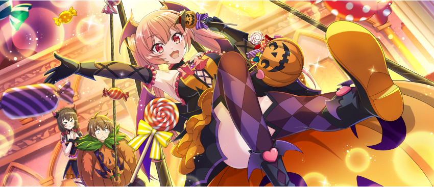 1boy 2girls :3 ankle_boots argyle_clothes argyle_thighhighs arm_up armpits bare_shoulders black_boots black_bustier black_gloves boots bow braid breasts brown_hair bustier candy clothing_cutout colored_shoe_soles crown_braid demon_horns double-parted_bangs elbow_gloves erika_(konosuba) fake_horns fake_wings food frilled_skirt frills from_below game_cg gloves hair_bow halloween halloween_bucket halloween_costume head_wings highres holding holding_candy holding_food holding_lollipop holding_rope horns jack-o&#039;-lantern knee_up kono_subarashii_sekai_ni_shukufuku_wo! konosuba!_fantastic_days large_breasts lollipop long_hair looking_at_viewer low_twintails miniskirt multiple_girls official_alternate_costume official_art on_swing open_mouth orange_skirt outstretched_leg pink_eyes pink_hair pumpkin_costume purple_thighhighs red_bow red_horns rope satou_kazuma shade shoe_soles short_hair sidelocks sitting skirt swing swirl_lollipop thighhighs thighs twintails underboob underboob_cutout very_long_hair wings yunyun_(konosuba) zettai_ryouiki