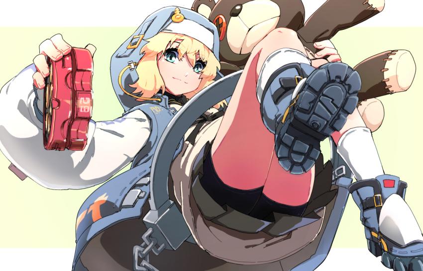 1boy androgyne_symbol aqua_eyes azuma_yukihiko bike_shorts bike_shorts_under_skirt black_gloves black_skirt blonde_hair bridget_(guilty_gear) cuffs fingerless_gloves gloves guilty_gear guilty_gear_strive habit handcuffs hood hood_up hooded_jacket jacket long_sleeves looking_at_viewer male_focus medium_hair puffy_long_sleeves puffy_sleeves roger_(guilty_gear) skirt stuffed_animal stuffed_toy teddy_bear trap yo-yo